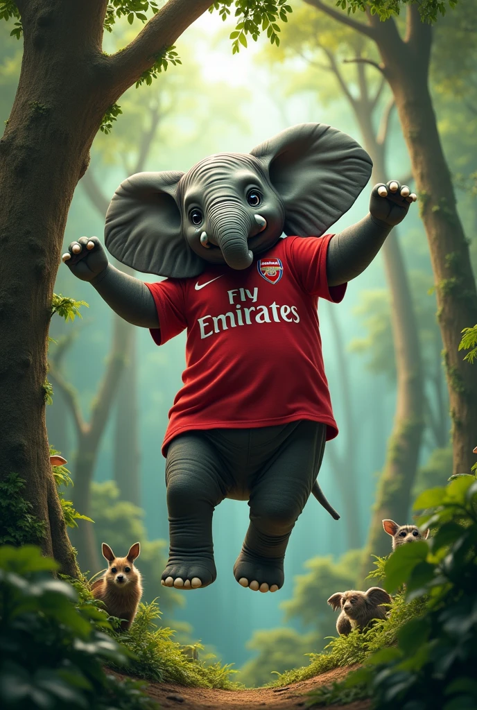 Elephant falling down in tree with crying wear arsenal tshirt that elephant crying with tears