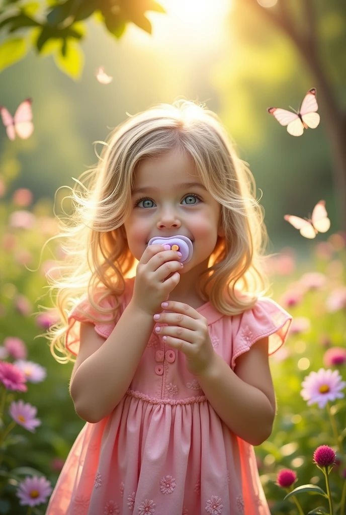 a 5-year-old blonde girl with light blue eyes in a pink dress with a pacifier