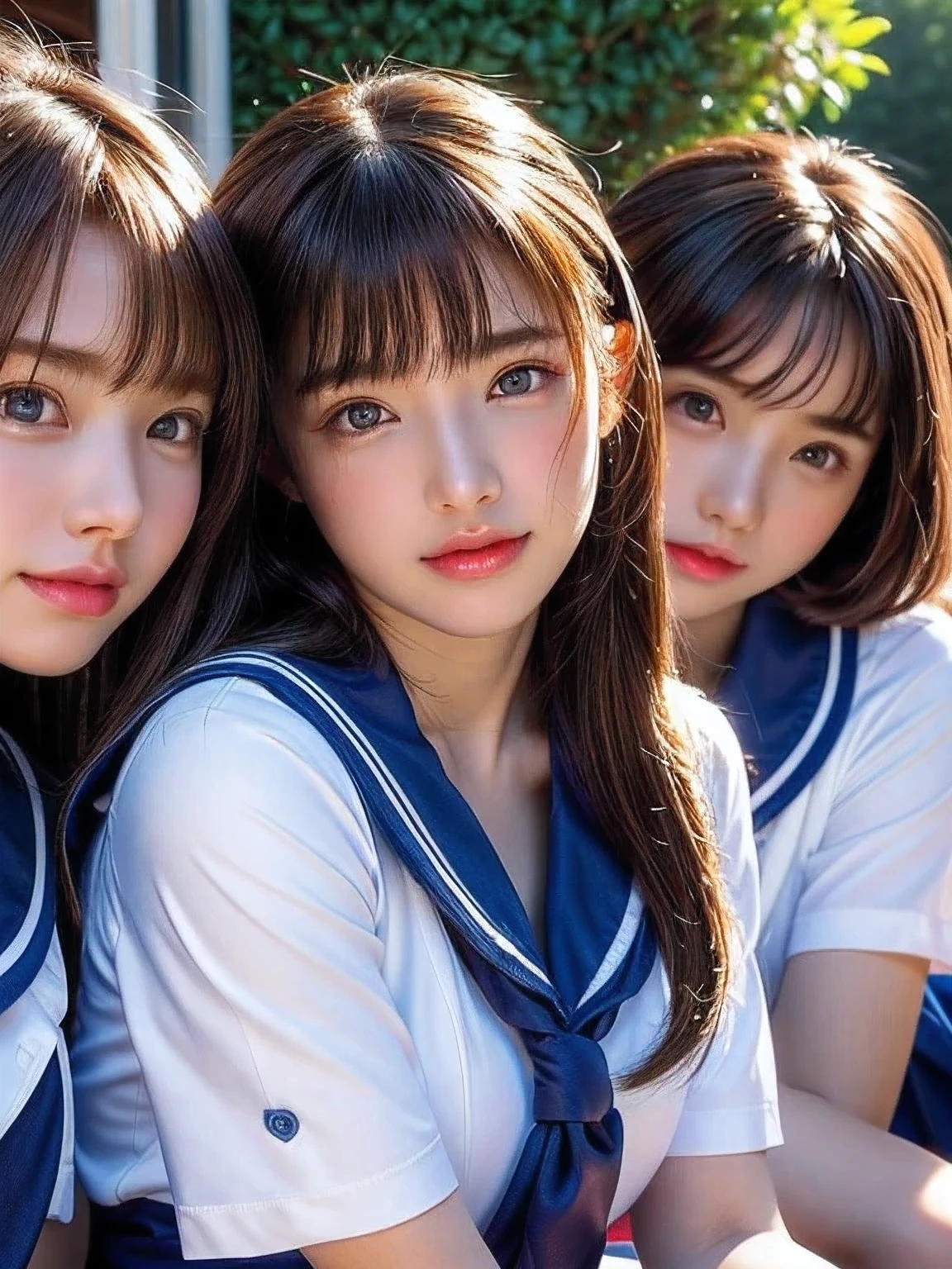 ((masterpiece, highest quality)), (Super detailed), ((super cute)), (Multi-point), ((very detailed)), 4k, highest quality, (beautiful), hyper cute face, Perfect Face, hyper genuineistic, Close-up, clear outline, (three school girls, 3 cute girls:1.5), (summer school girl uniform :1.3), ((beautiful eyes)), (leaning forward:1.3), (upskirt:1.3), natural skin texture, big breasts, romantic ambiance, Highly detailed CG, look shyly at the viewer