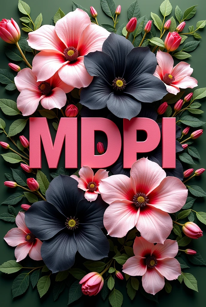Many flowers around"MDPI Production",Black and light pink as main colors,The canvas is a horizontal rectangle