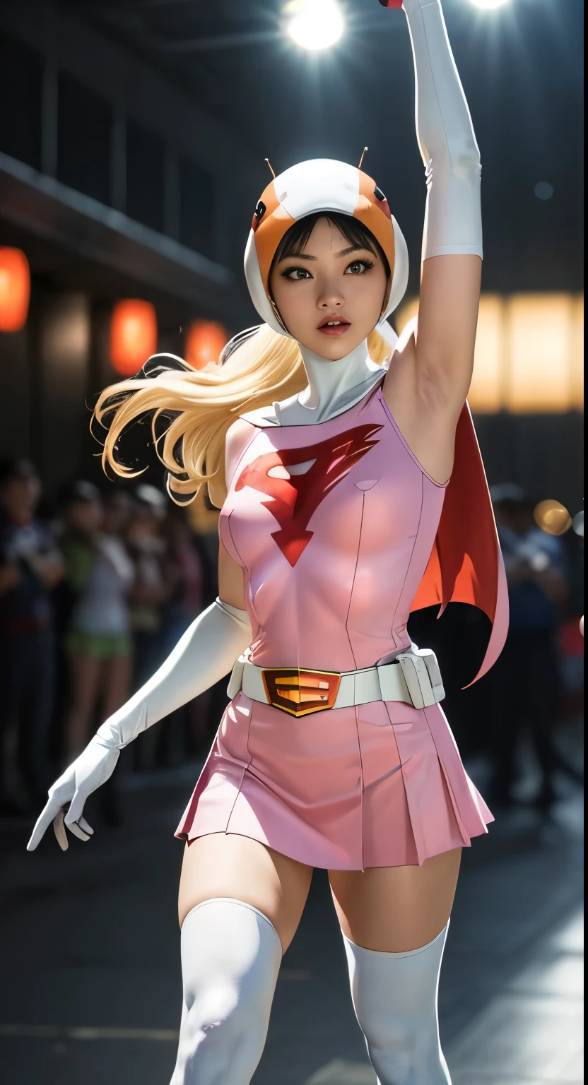 born photograph,Realistic,beautiful woman、Jun、straight,stop temporarily,Looking at the audience,break,
Year_Classic_Jun_gatchaman_My wife,www.My wife.and,
Long Hair,chest,Green Eyes,lips,medium chest,Blonde,lipstick,Compensate,
gloves,Cape,Helmet,belt,elbow gloves,white gloves,mask,skirt,leotard,Spacesuit,White legwear,Pink Dress,Superhero,Bodysuits,
Official Art,非常に精細なCG Unity 8k壁紙, Perfect lighting,colorful, bright_front_face_Lighting,Glowing Skin, (masterpiece:1.0),(Highest_quaLightingy:1.0), 超High resolution,4K,Very detailed, photograph shoot, 8k, High resolution, High resolution, (Confused:1.2), Kodak Portrait 400, Film Grain, Blurred Background, (Bokeh:1.2), Lens flare, (Vibrant_color:1.2),professional photographs, (beautiful_face:1.5),