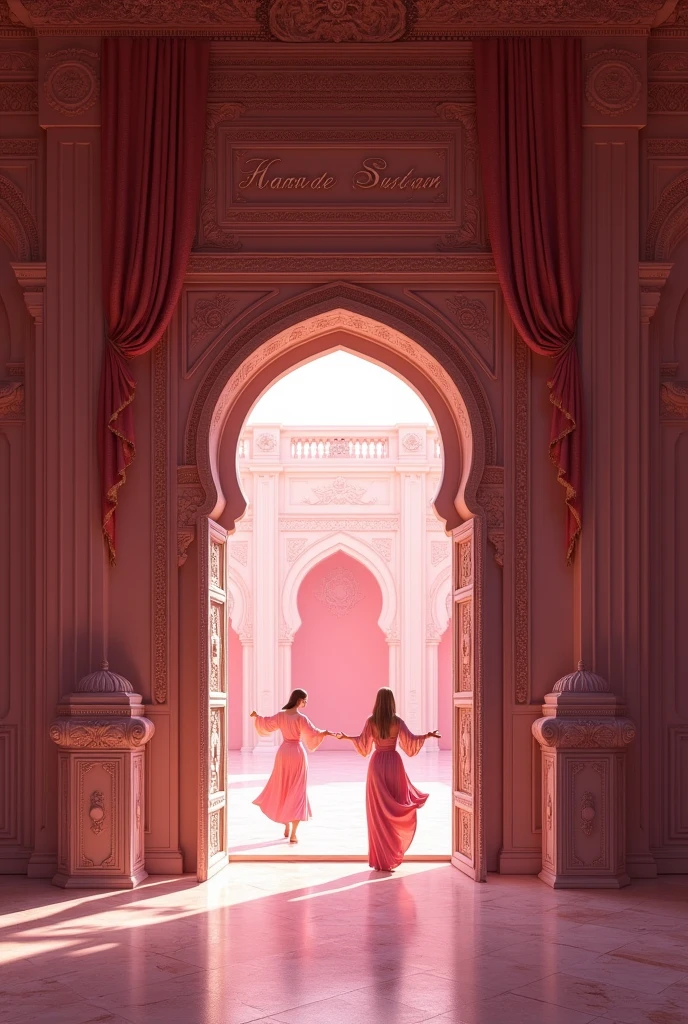 (photorealism:1.2), Empty and pink harem room, seen from the door that leads to the rest of an Arabic pink palace, the sign reads "Harem del Sultán" on the wall, realistic, intricate details, high resolution, masterpiece, highly detailed, practicing their sexy Arabic dance moves