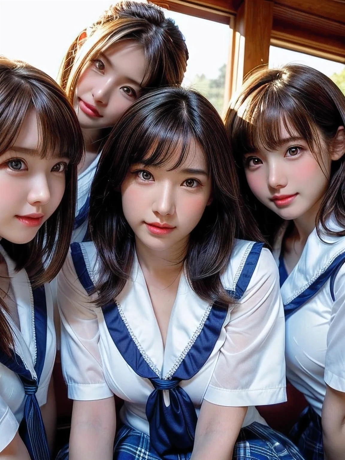 ((masterpiece, highest quality)), (Super detailed), ((super cute)), (Multi-point), ((very detailed)), 4k, highest quality, (beautiful), hyper cute face, Perfect Face, hyper genuineistic, Close-up, clear outline, (three school girls, 3 cute girls:1.5), (summer school girl uniform :1.3), ((beautiful eyes)), (leaning forward:1.3), (upskirt:1.3), natural skin texture, big breasts, romantic ambiance, Highly detailed CG, look shyly at the viewer