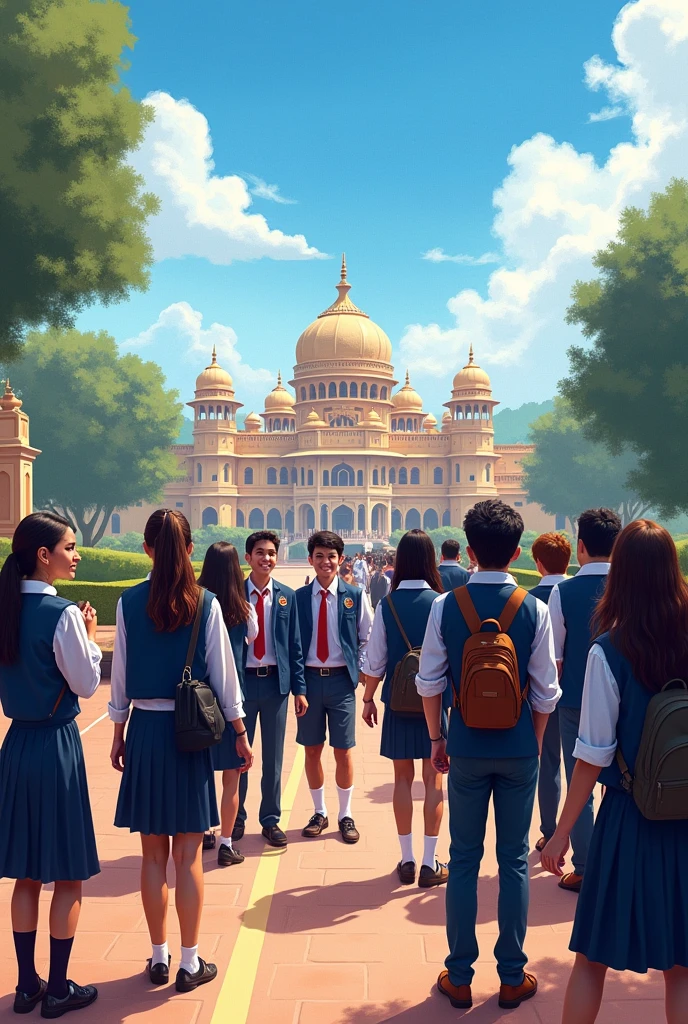 Picture of students about 9th std going to field trip to maysore state in formal clothing 
