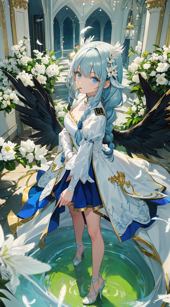 (looking-down),Dynamic Angle,ultra-detailliert, illustratio, gros-plan, Straight, One girl, (Fantasia:1.4), (azure eyes:1.233),(radiant eyes:1.233) ,(beautiful and delicate eyes:1.1),(Silver hair:1.14),(Long hair,Braids,hair between eye,side locks), (+(White feathers:1.14)),(Chiffon dress,Blue floral pattern on uniform)(no sleeves),(Fingerless gloves),a choker,high-heels,(deadpan,Mouth closure),(to stand), (classical Princess boudoir with dressing tableand french windowin a white ancient palaces),(white blossoms),(a dull blue world tree:1.14),Dreamy,(fluorescent),[Delicate fingers and hands:0.55],(Fine fingers),((Black Angel Wings))