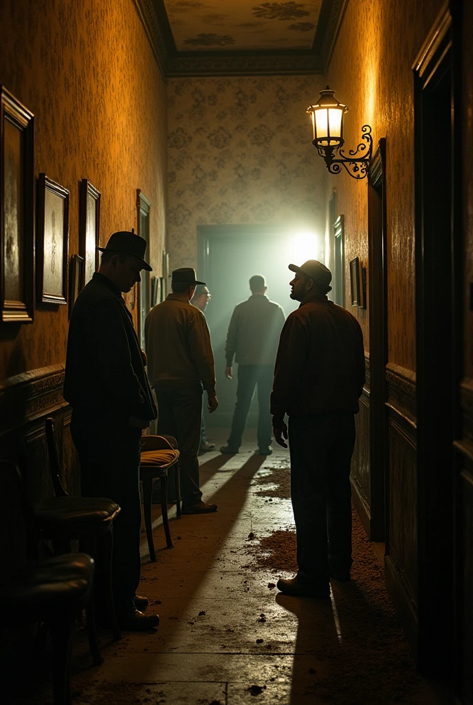 A group of workers and historians uncovering hidden rooms and artifacts within the hotel, the atmosphere filled with intrigue and the promise of revealing the hotel's mysterious past.