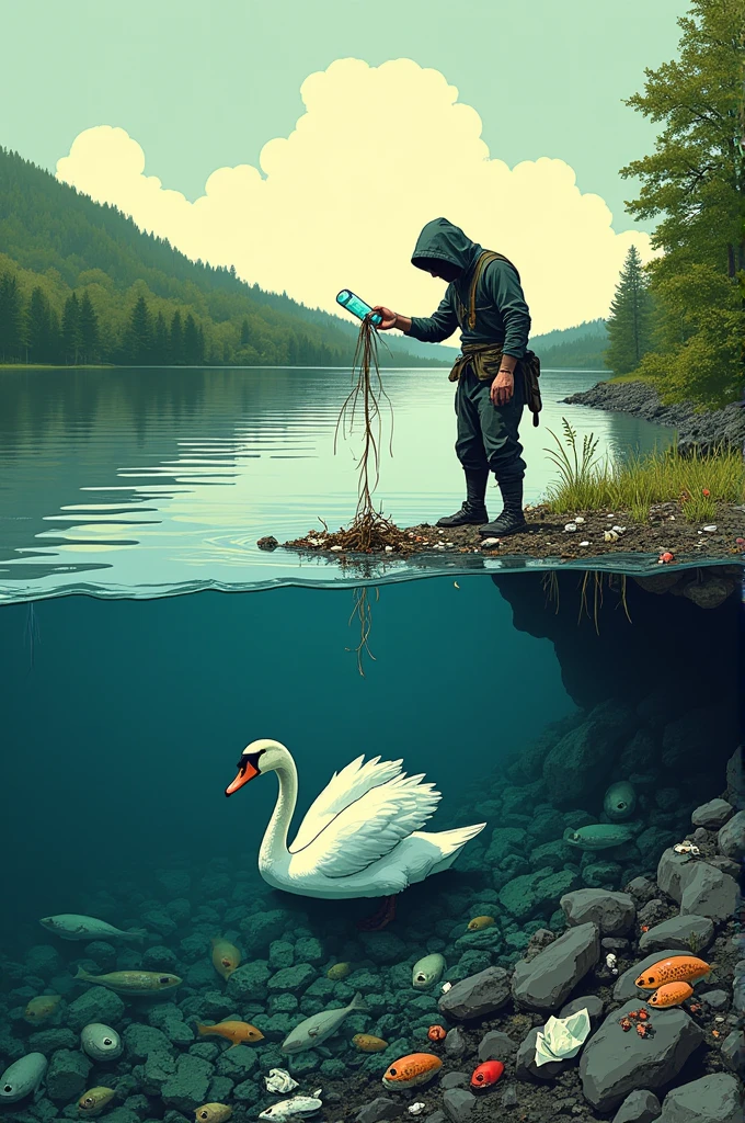 Create a spot illustration that shows human doing pollution and effect on animals