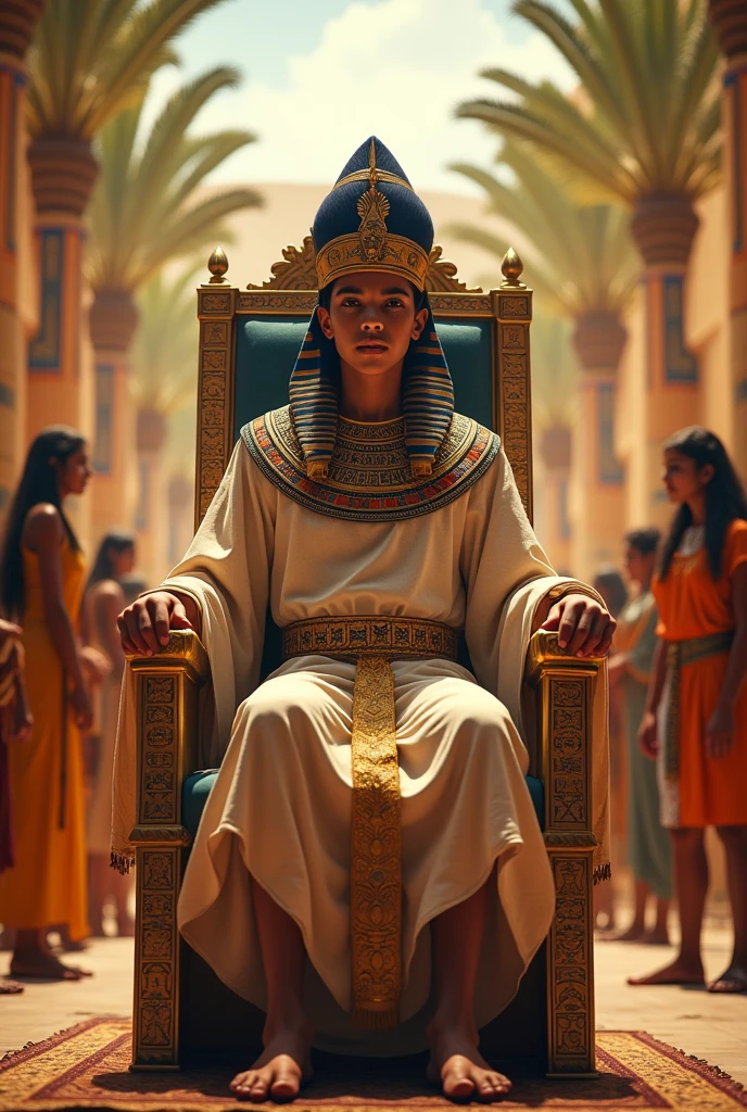 The king of Egypt who is a young man
.The king of Egypt is dressed in a very beautiful dress and the king is sitting on a chair and people are looking at him.