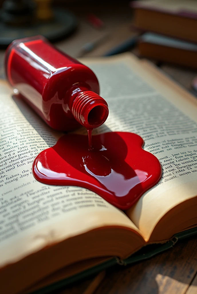 Draw a bottle of wine red nail polish spilled on an open school literature book, a drawing of all this, It's for a book cover