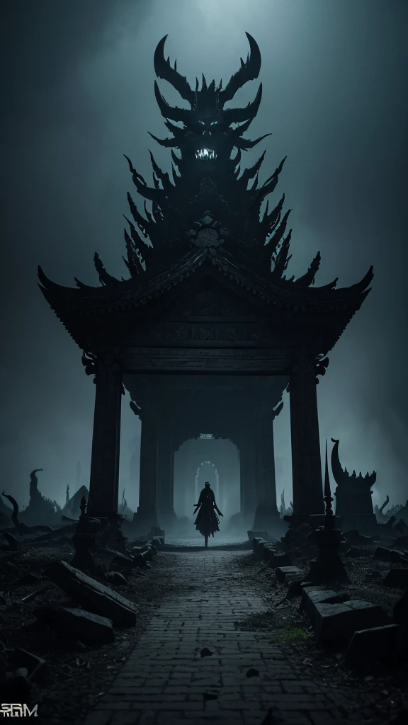 malevolent idol,ancient grotesque design,dark jagged features,sinister symbols,menacing otherworldly ornaments,sharp twisted horns,glowing malevolent eyes,ominous shadowy mist,foreboding desolate setting,abandoned temple,dark cursed forest,heavy atmosphere of impending doom,eerie flickering lights,twisted shadowy figures,(best quality,8k,highres,masterpiece:1.2),ultra-detailed,realistic,photo-realistic:1.37,horror,dark fantasy,dramatic lighting,dark colors,chiaroscuro