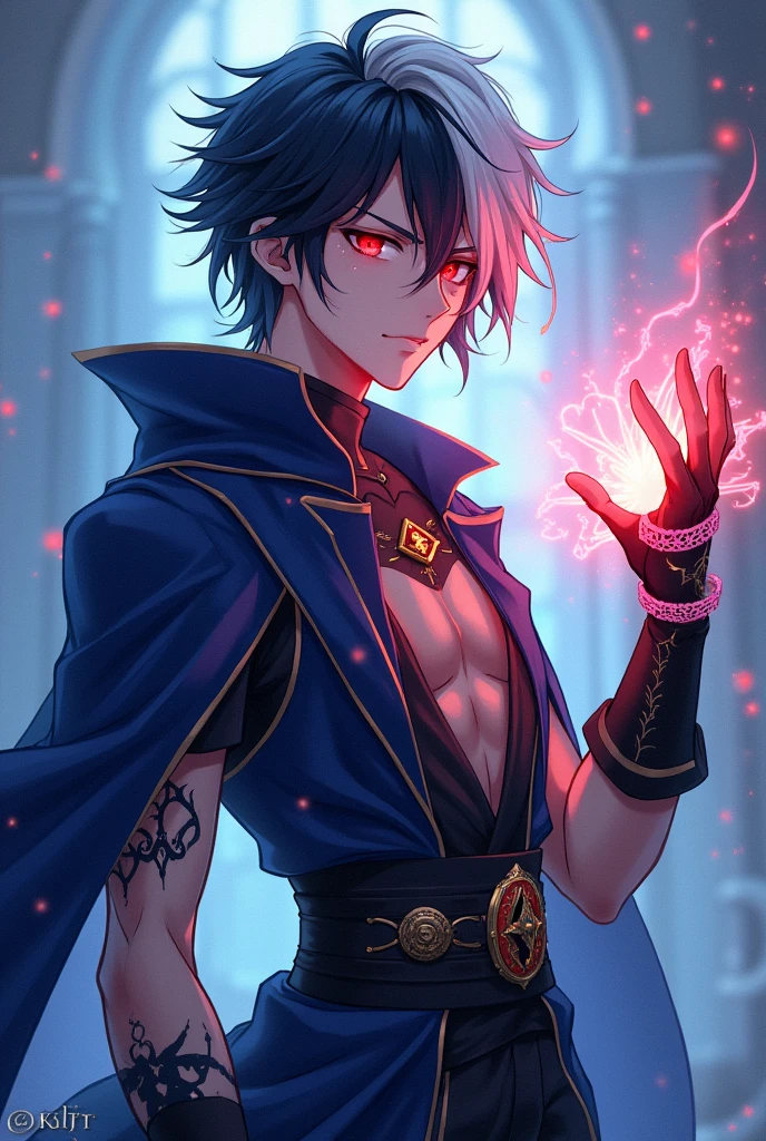 A anime boy with blue and black dress And his eye is red Magical power in his hand And his rair is white and black Beautiful tattoo in his hand and a magical triangle ring in his wrist .