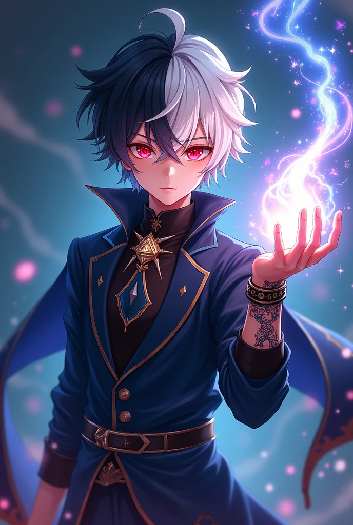 A anime boy with blue and black dress And his eye is red Magical power in his hand And his rair is white and black Beautiful tattoo in his hand and a magical triangle ring in his wrist .