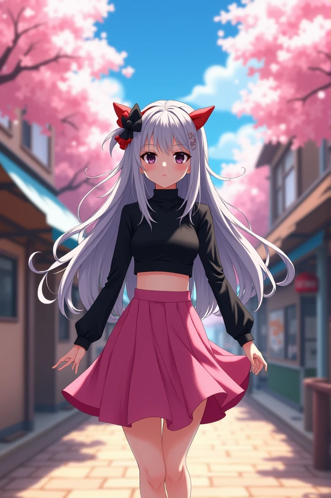 anime girl with black eyes, grey hair, vintage clothes and black crop top and pink skirt, bows in the hair and a bow around the neck, black sleeves and his serious face