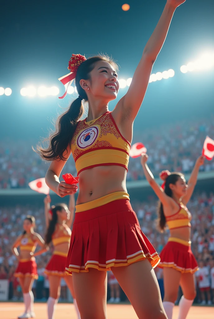 Realistic South Korean cheerleaders  aspect ratio of 16:9