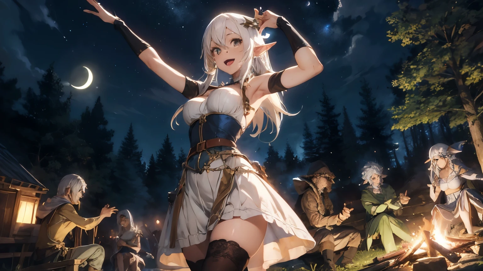 sexy elf woman with white hair, wearing medieval dress having fun dancing around the campfire with crowd under the moon light at the center of medieval forest at midnight.