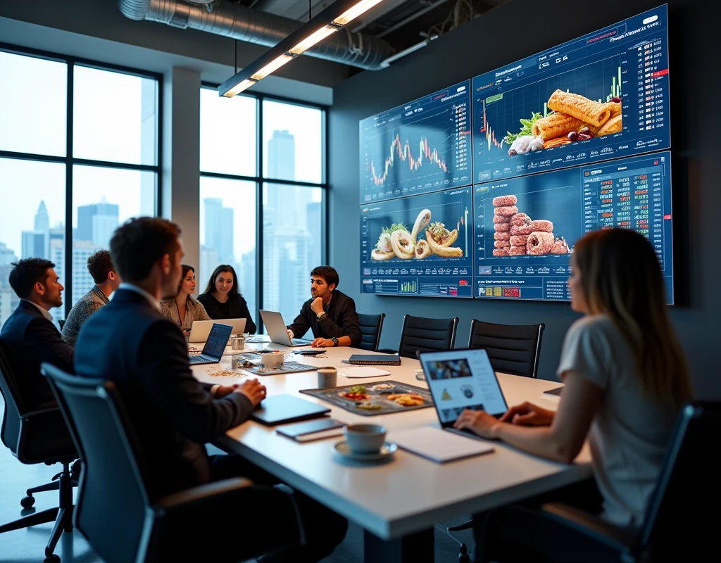 An office with large windows, a lot of light, People analyzing market data and products and product price charts and images of food and technology products