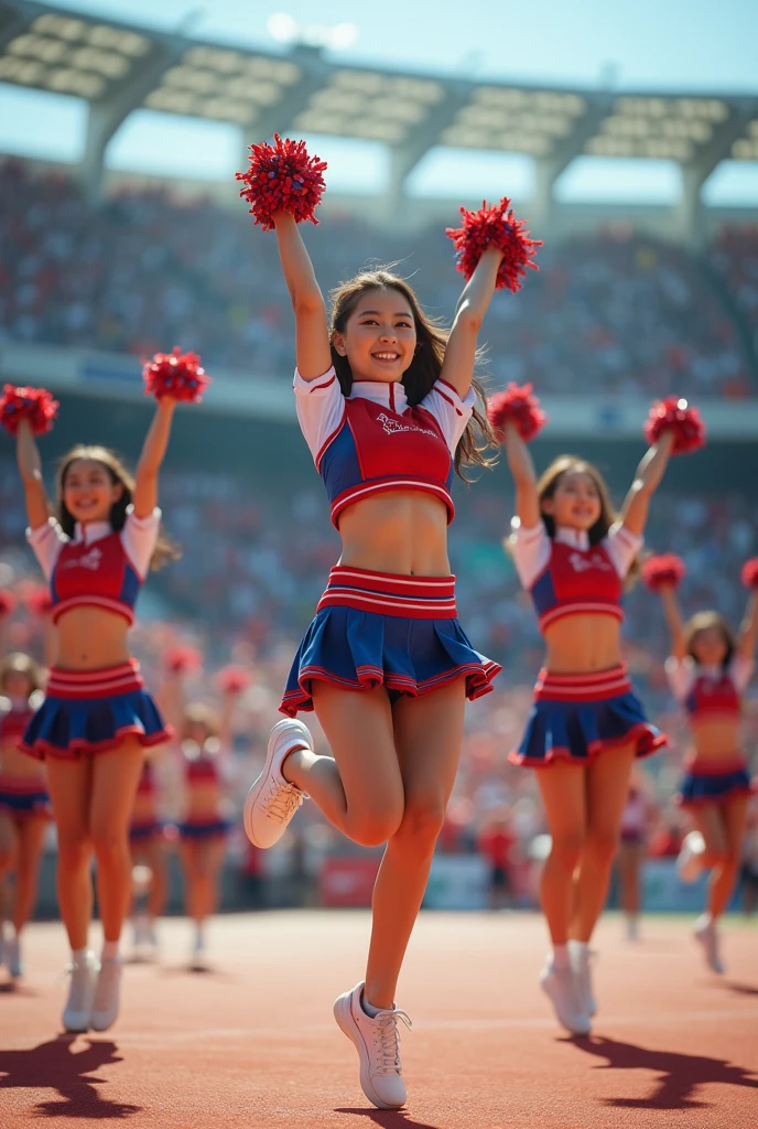 Realistic South Korean cheerleaders  aspect ratio of 16:9