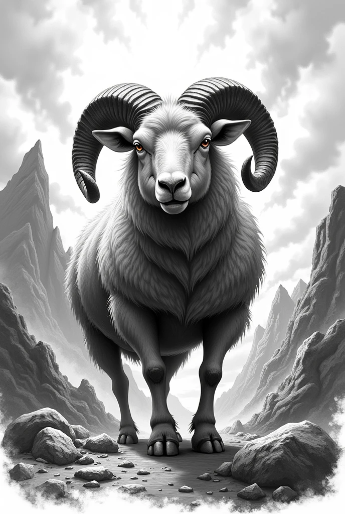 Black and white 2D drawing of a tough sheep