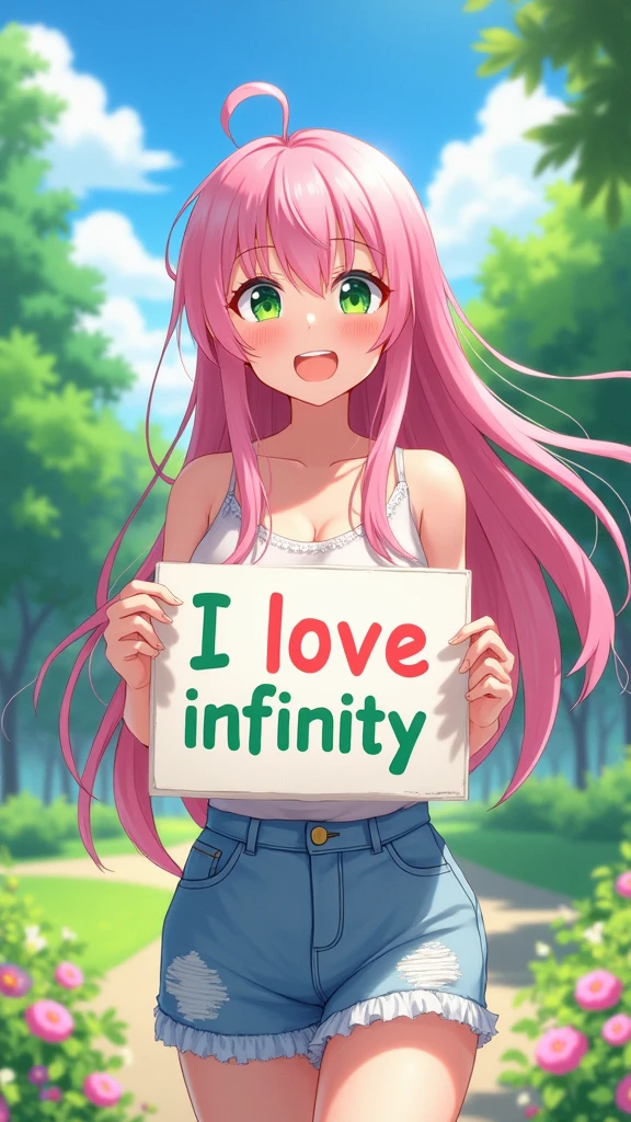 A beautiful and lovely lady holding a sign "I love infinity", hapiness, hapiness的, Anime Illustrations, Reality, painting
