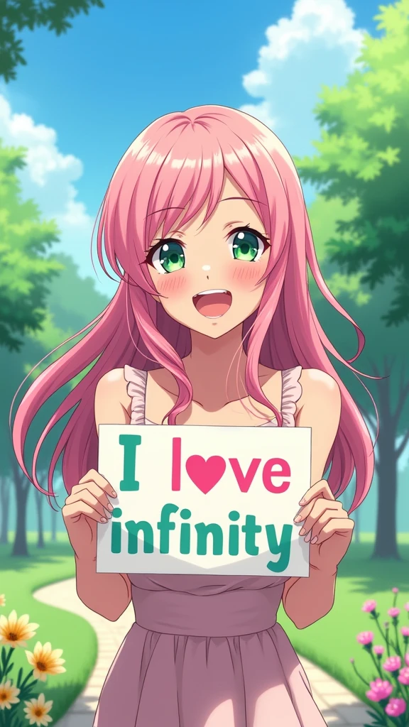 A beautiful and lovely lady holding a sign "I love infinity", hapiness, hapiness的, Anime Illustrations, Reality, painting