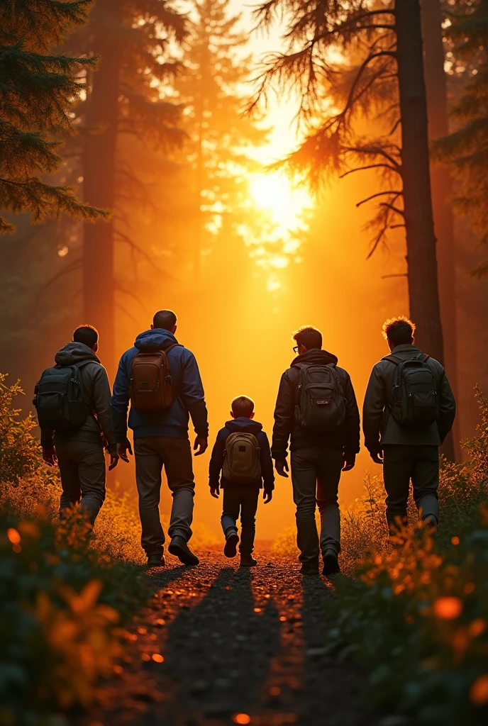 A group of 5 Men's and small boy he is  went to the forest to search place to live the weather like orange evening sunset time