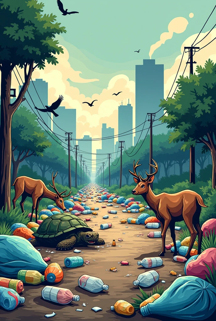 Create a vectors shapes spot illustration that shows human doing pollution and effect on animals