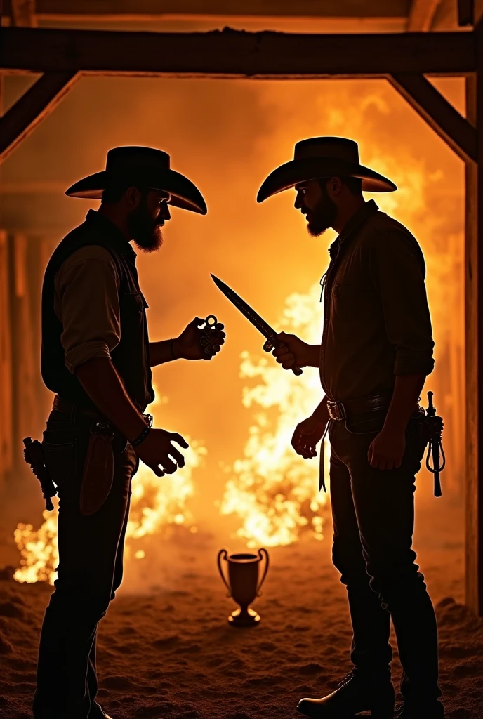 Two cowboys, have a fight against each other, it is in a hut that is burning, they fight for a trophy, one has a knuckleduster and the other a knife