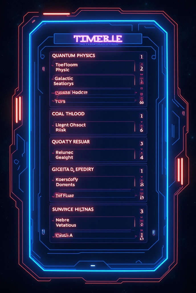 Creat a weekly schedule with sci-fi style. Just a weekly schedule like timetable for school. Full screen. Not include any person
Dont face any sides