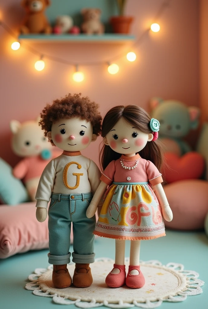The initials G for man and F for woman on a pair of cute dolls