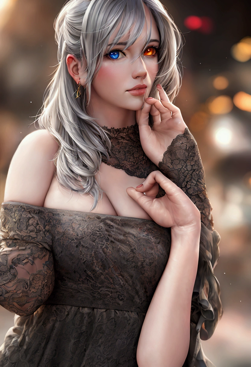 Highest quality, masterpiece, Ultra-high resolution, (Realistic: 1.4), RAW Photos, One person, Off the shoulder, Cinema Lighting, Kiss pose, Heterochromia iridis, Gray Hair, Gray Hair
