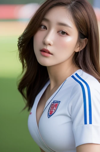 korean beauties, mixed korean, realistic, (((Best quality))), 8k, ((masterpiece)), (extremely delicate and beautiful), Highly detailed, ((Highly detailed face)), (Highly detailed eyes)) , Best quality, 1 girl, alone, (soccer team shirt: 1.1), shiny skin, shiny hair, heart-shaped pupils, (big breasts: 1.4), short skirt, (sit up straight),