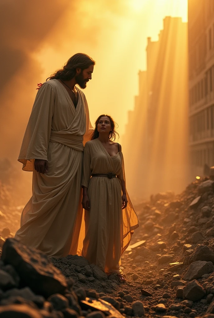 In a extremely war place that has Soldiers Jesus is protecting a women by standing back of her