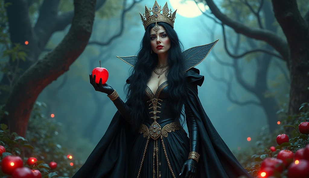 girl,Black long hair,Black Queen,Accessories,Apple in hand,Poison apples,Witch Queen,Red lipstick