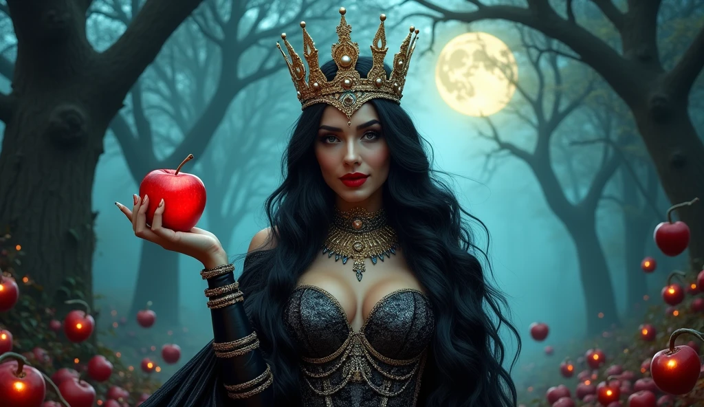 girl,Black long hair,Black Queen,Accessories,Apple in hand,Poison apples,Witch Queen,Red lipstick