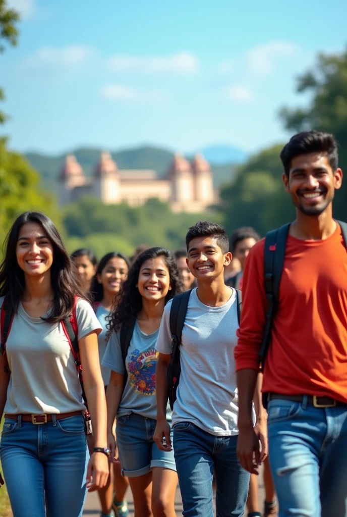 Picture of students about 9th std going to field trip to maysore state in casual clothing with sir and teacher