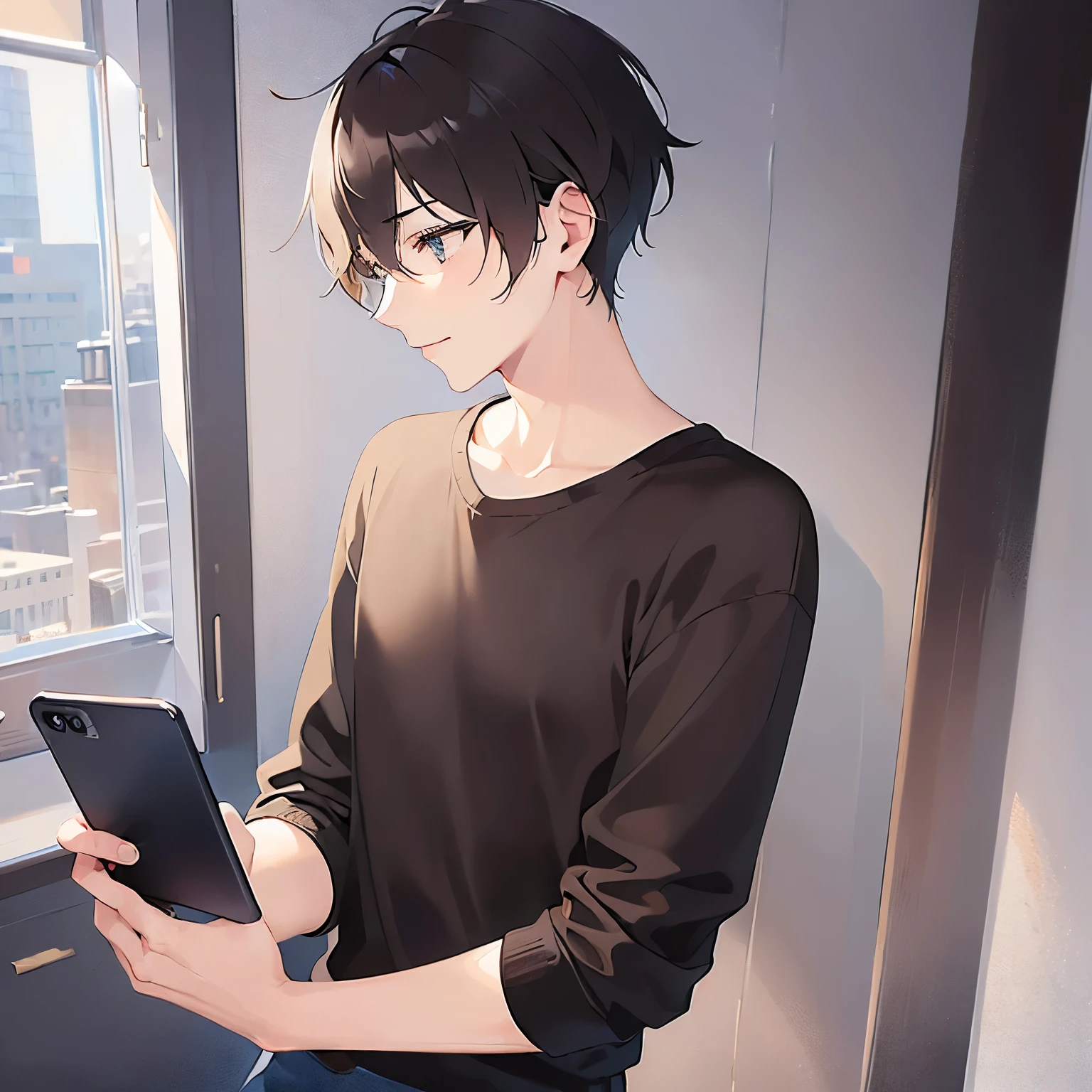 (25-year-old male:1.5) and (Brown short hair) and (Green Eyes), (looking away:1.5),upper body、 (talking on the smartphone:1.5),(handling_smart_phone, smart_phone:1.2)、Side shot、
shiny skin, masterpiece、Highest quality、
（black T-shirts:1.5) 
smile,The background is the living room at night、(alone:1.5)