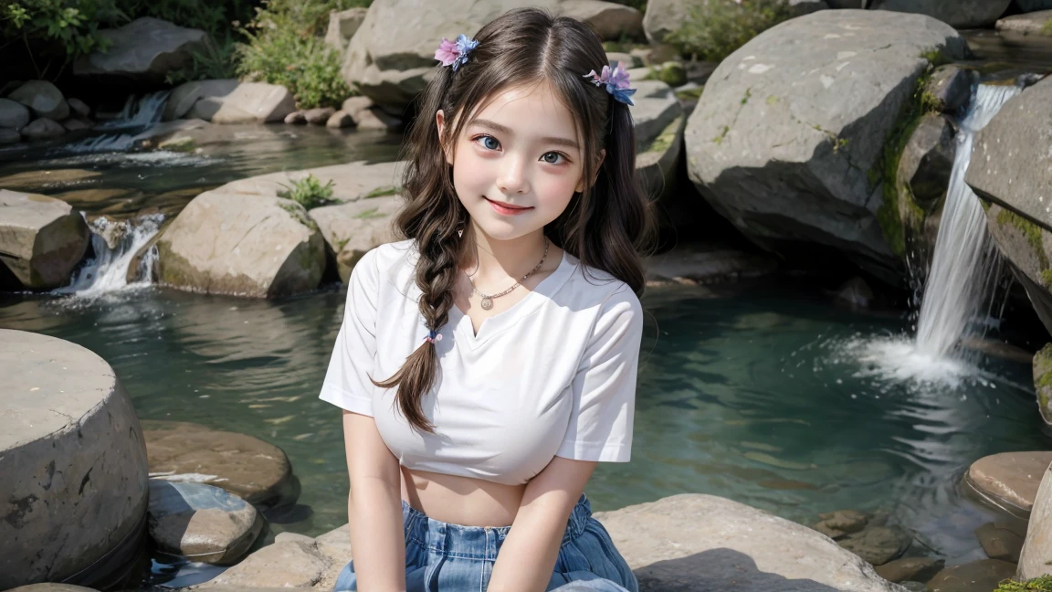 ( 3 girls), Masterpiece, Highest quality, 8ก, beautiful girlYoung faceวัยใส、Young face 、beautiful girl, young face、Young face 、smile、Cute face,blue eyes (((9 ))) braided hair,Flower Hair Ornaments、 diamond necklace、Wearing a denim skirt, a random colored T-shirt, and extra-long twin tail hairs.、 photography, Look into the camera、small waist, thigh,Sitting on a rock in a waterfall,Push your chest up.、(((The chest is erect...)))(((round chest)))(((big breasts:1.0)))