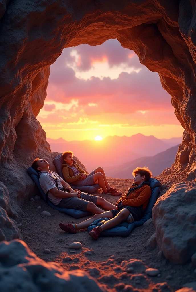 A group of 5 people's and a small boy age of 8 with a bright sunset.all the people's were slept in a cave