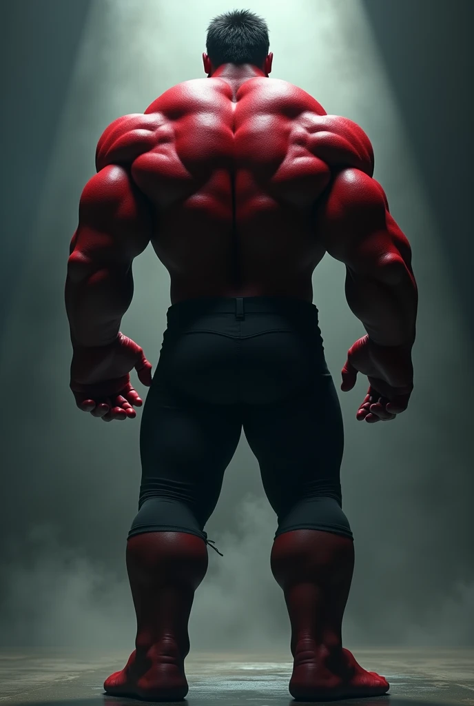Modeled after The Incredible Hulk,HD 4k,Clean background,Red and black,Black trousers,Back,Threatening,cinematic perspective