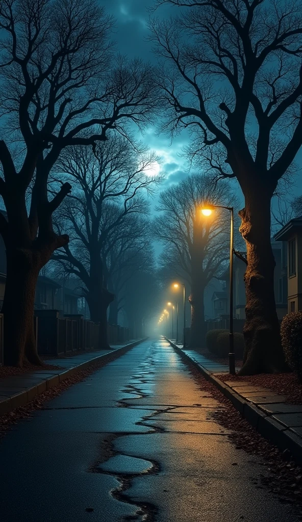 Empty Street at Night
A quiet, dimly lit street at night with flickering streetlights. The atmosphere is eerie, with no one around. The road is narrow, lined with trees casting long shadows, and a soft breeze stirs fallen leaves on the ground. The sky is cloudy, with a faint moonlight struggling to peek through.