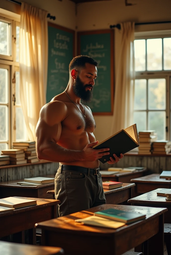 Strong, bearded, shirtless, mixed race teacher reading a book in an old school classroom.