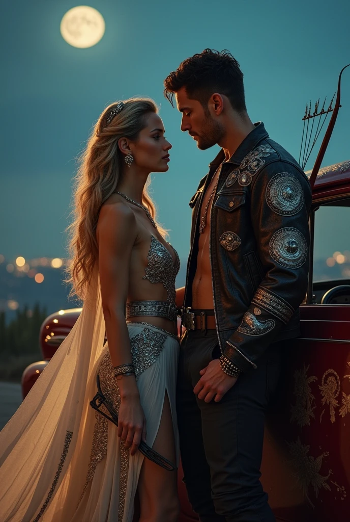 It represents Artemis and Orion of Olympus in a very sexual way in the style of Bonnie & Clyde. Orion must assume a dominant role in the relationship. Both must retain classical characteristics of Greek deities, like the force, the majesty, clothing and symbolic elements related to their myths, while adopting the attitude and lifestyle of the famous outlaw couple.
