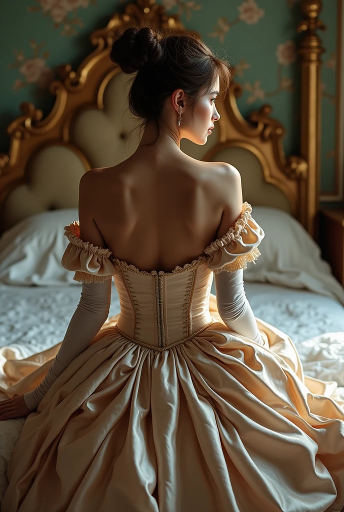(photorealism:1.2), Feminine figure 3/4 facing away from camera, head looking in the other direction of the viewer no face visible, sitting on edge of the bed legs off, dress cascading off the bed, crinoline gives dress volume, dress is a puffy roccoco dress, in a tight corset, a lot of drapery in the folds of the dress, the back of the dress is puffy, dress fabric is silk, her corset has a large exposed area of her back, arms have long full coverage silk gloves 
