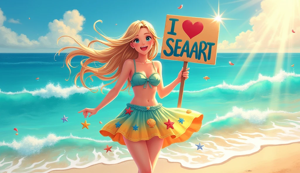 A beautiful and lovely lady holding a sign "I LOVE SEAART", hapiness, hapiness的, Anime Illustrations, Reality, painting
