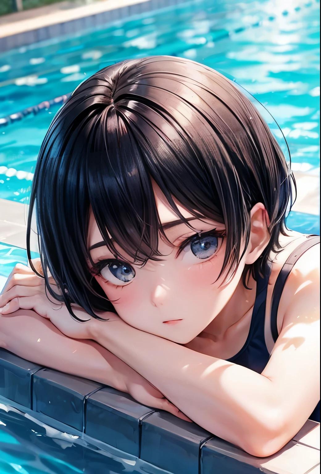 Black short hair Navy blue school swimsuit School swimming pool in midsummer