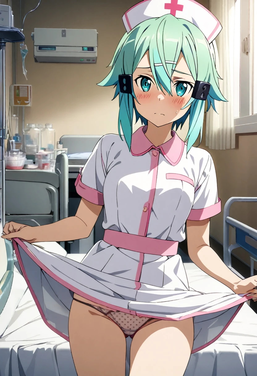 1girl, sinon, sword art online,nurse,embarrased,blush,hospital,masterpiece, best quality, absurdres,see through,small breasts,bare breasts,skirt lift,polka dot,panty shot,
