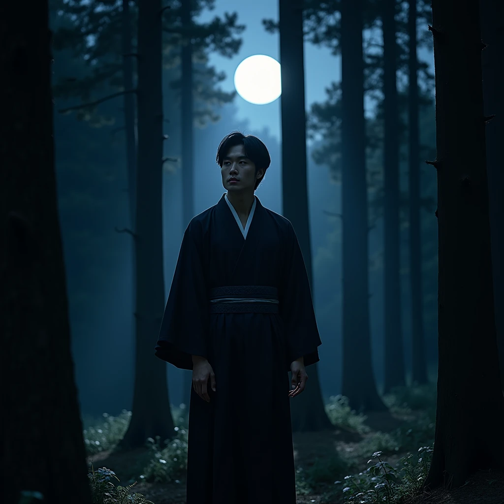 portrait of a Japanese man in black kimono in the forest at night々Matrix of、Overall color:Blue Dark
