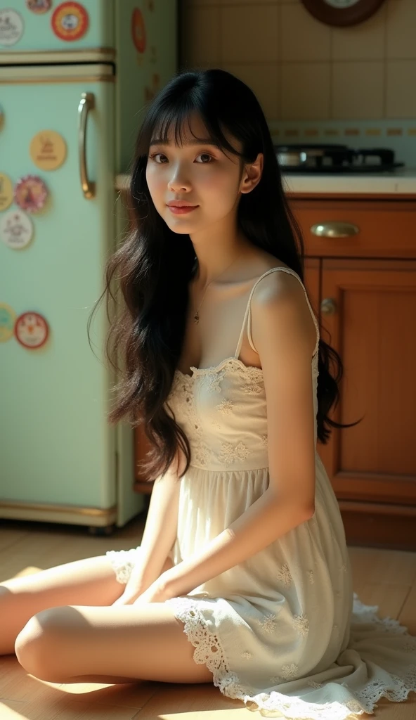 High resolution照片中，One with long hair、Young woman with bangs sitting on floor in cozy vintage kitchen。She has exquisite appearance、skin porcelain，Wearing a light-colored sleeveless floral pattern dress，Not much floral pattern，Clothes are white，Exudes a soft and refined scent，Highlighted her slender figure，Enhances the exquisite nostalgia of the scene。Her posture is slightly relaxed，with a hint of melancholy，Adds a layer of depth and emotion to her presence。She has a long and black head、silky hair，Use slender bangs to gently frame her face。The contours of her face are soft and delicate，A petite nose and full pink lips add subtle allure。Her large, almond-shaped eyes are expressive，Dark eyelashes highlight her gentleness、thoughtful gaze。A light blush on the cheeks，Bringing out her overall youthful innocence。The kitchen is cozy、nostalgic atmosphere，Comes with wooden cabinets、Refrigerator covered with magnets and sticky notes and beige tiles with traditional design，Emphasis on sophistication and nostalgia。Warm and soft lighting，create a soft、warm atmosphere。Woman&#39;s expression thoughtful，Slightly melancholy，Adds depth and emotion to the scene。

• Resolution：High resolution (300 dpi) Imaging ensures fine details are captured。
	• Aperture：Use a wide aperture（f/2.0）shot，Produce shallow depth of field，Softly blurred background，Keep the focus on women。
	• Shutter speed：Moderate shutter speed（1/100 sec）Scenes that can capture natural movements，maintain clarity，without any motion blur。
	• ISO：Low ISO (100) Used to minimize noise and maintain image clarity。
	• Color temperature：Imagery and Warm Colors（About 5000K）Keep it balanced，Enhance the cozy atmosphere of the kitchen。
	• Exposure：Increase the exposure slightly to highlight the female features and the soft ambient light in the room。
	• Photosensitive element：使用全片幅感光元件shot，Ensure rich color depth and dynamic range。
	• Lighting：Natural light streams in from nearby windows，Soften the light through diffused curtains，Casts soft shadows and adds depth to the scene。
	• Post-production：Use minimal post-processing to preserve nature、Warm atmosphere，and adjust the contrast and brightness slightly to enhance the overall mood。