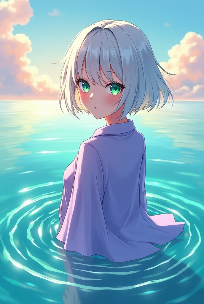 A anime woman with short white hair, green eyes, and a purple shirt stands in the middle of the sea.