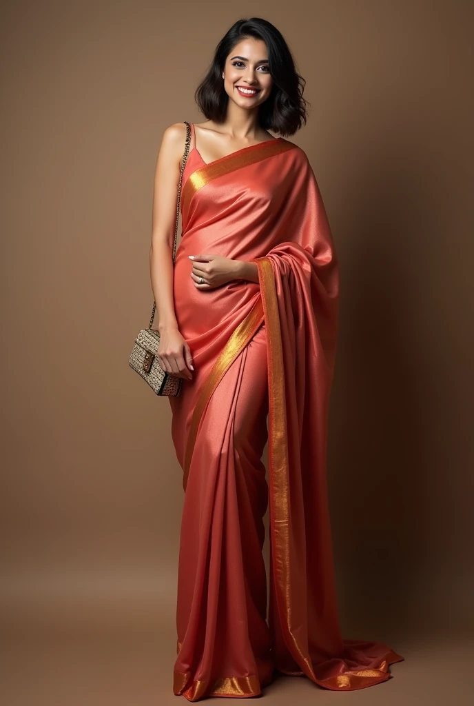 Female 33 who looks like adult actress Emily Addison, bob cut hair, gorgeous saree and purse, full length body photograph, looking straight at the camera, big cute smile, sexy figure, full body length photo inducing her feet.